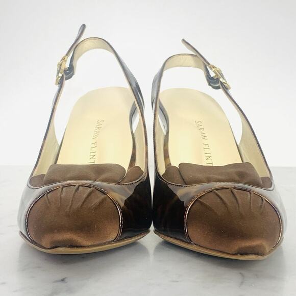 SARAH FLINT Perfect Sabina Sling 85 37-1/2 Tortoise Patent Espresso Satin EUC - Picture 5 of 12